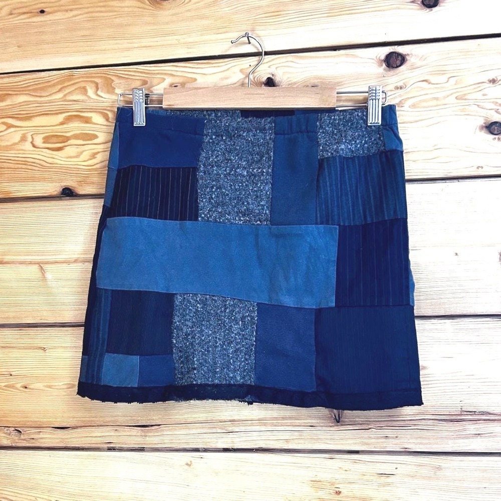 Vintage Wool Cotton Patchwork Mini Skirt Womens Small Medium Blue‎ Boho Cotage